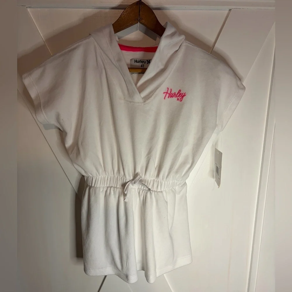Hurley French Terry Hooded Cover up Dress White with Pink Logo Girls 4T NWT - Picture 6 of 7